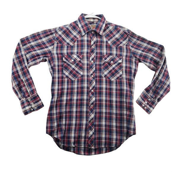 Young Bloods Shirt Men's Long Sleeve Pearl Snap Up Collared Plaid Western Blue M - Picture 1 of 12